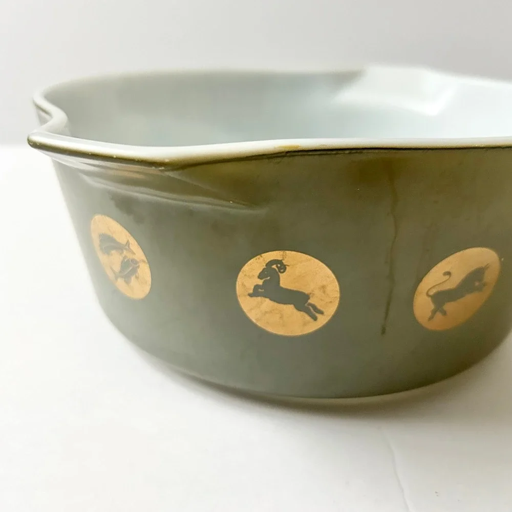 Vintage Pyrex Zodiac Casserole Dish 473 Olive Green Gold 1960s MCM with Lid